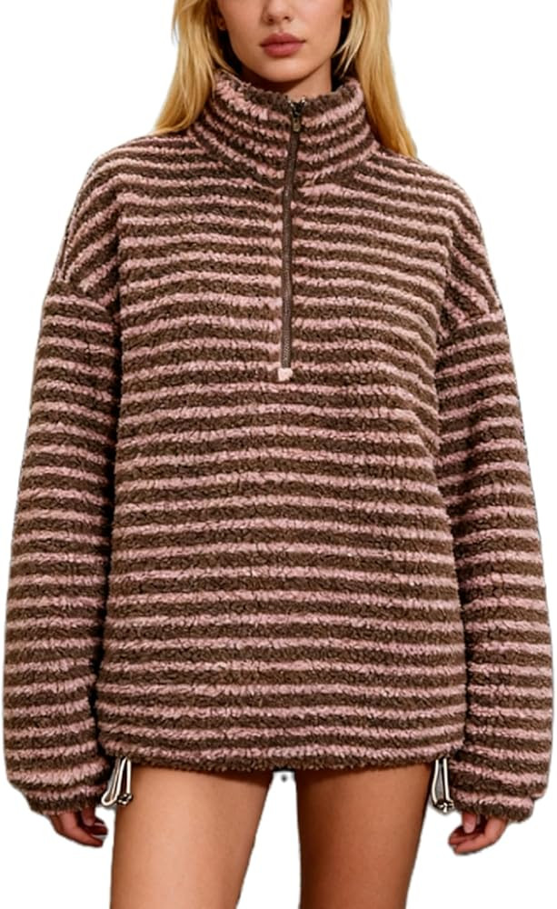 Women's Striped Fleece Jacket Color Block Half Zip Sherpa High Neck Pullover Trendy Oversized War... | Amazon (US)