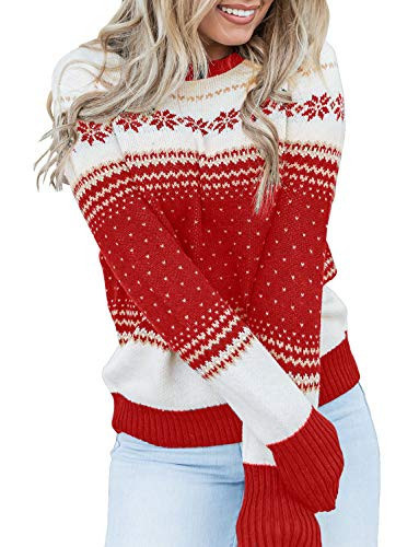 LookbookStore Women Winter Funny Holiday Knit Sweaters for Women Crewneck Long Sleeves Ugly Christmas Snowflake Red Knit Sweater Pullover Tops Size Medium | Amazon (US)