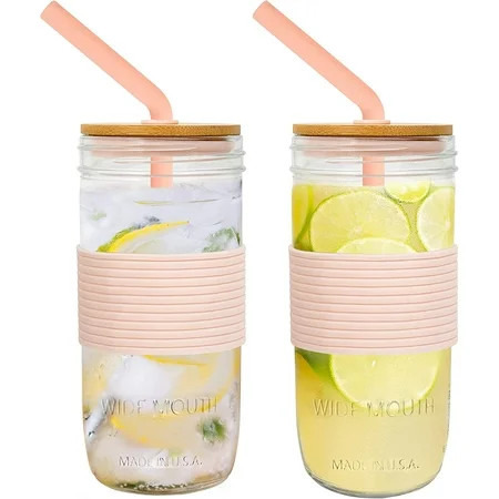 Mason Jar with Lid and Straw 24oz Wide Mouth Mason Jar Drinking Glasses Tumbler Silicone Straw Bambo | Walmart (US)