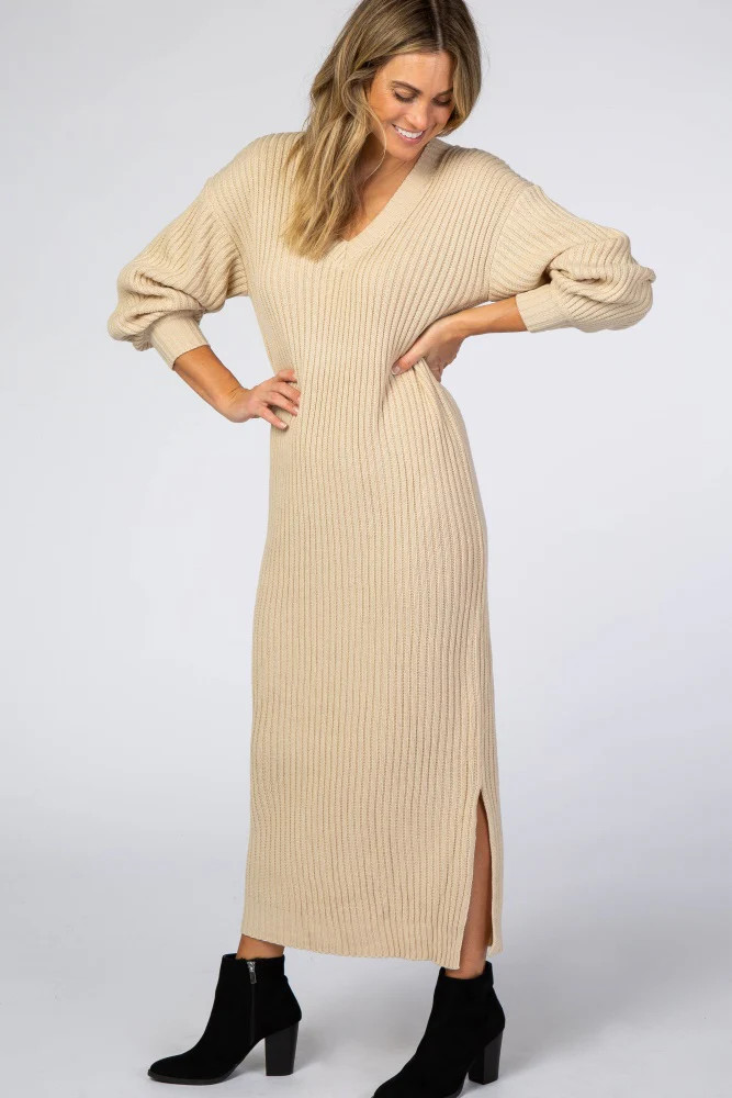 Beige V-Neck Ribbed Sweater Dress | PinkBlush Maternity