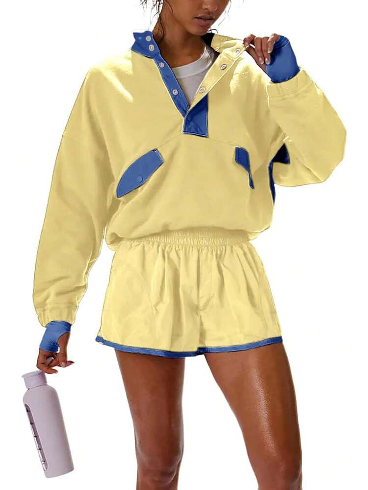 Women's Early Fall Sports Two Piece Contrast Half Placket Elasticated Waistband Top Elasticated Waistband Shorts | SHEIN