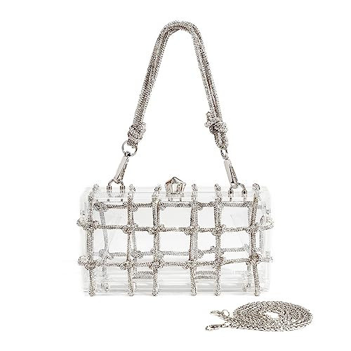 SharPlus Rhinestone Purse Clear Acrylic Clutch with Glitter Silver Diamond Knotted Rope for Women, Bling Hard Box Evening Bag | Amazon (US)