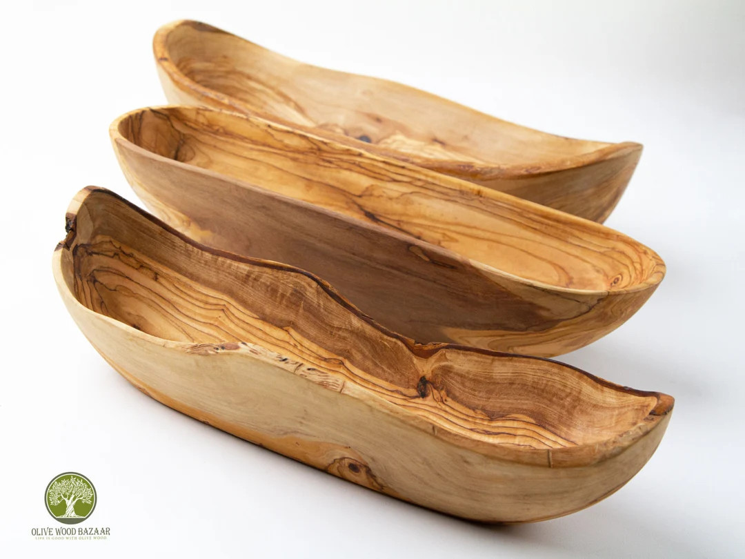 Rustic Wooden Bowls From Olive Wood, Live Edge Long Bowls, French Bread Basket Handmade, Wooden B... | Etsy (US)