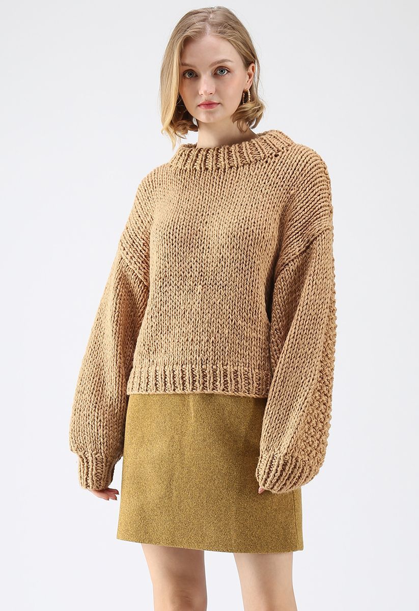 Chunky Chunky Puff Sleeves Cropped Sweater in Caramel | Chicwish