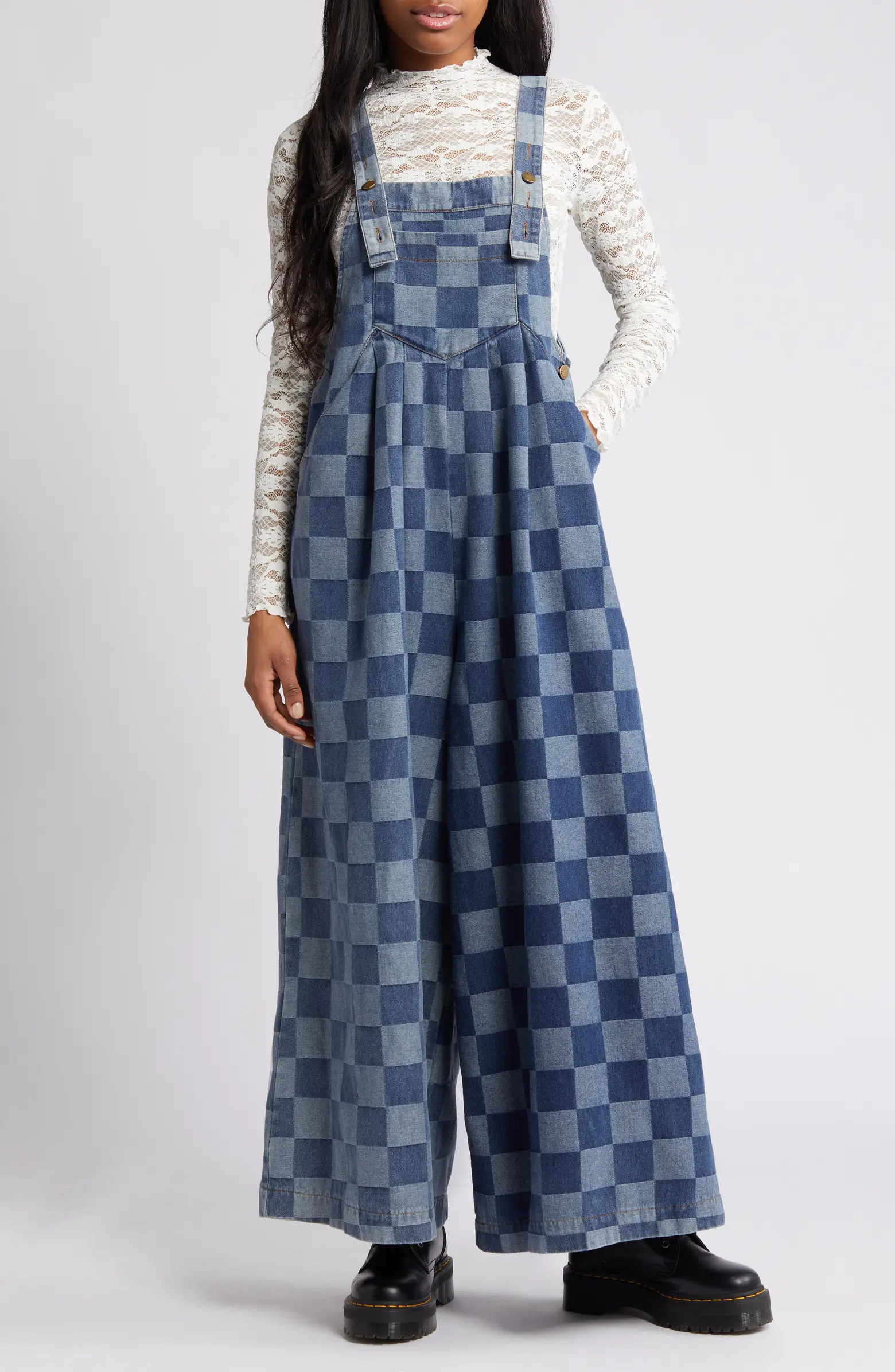 Dressed in Lala Checkerboard Wide Leg Denim Overalls | Nordstrom | Nordstrom