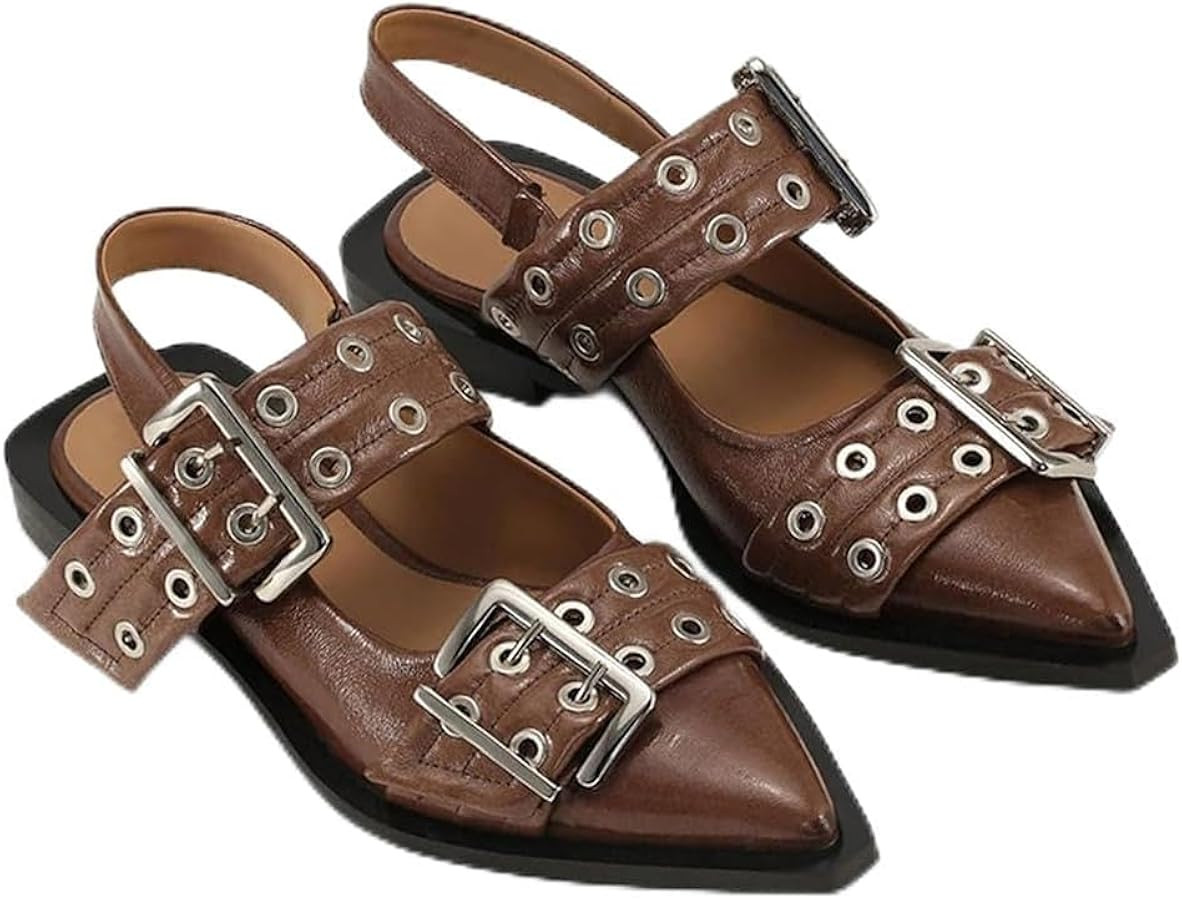 Aimery Women Buckle Ballet Flats Pointed Toe Slingback Wide Flat Casual Comfortable Ballerina Blo... | Amazon (US)