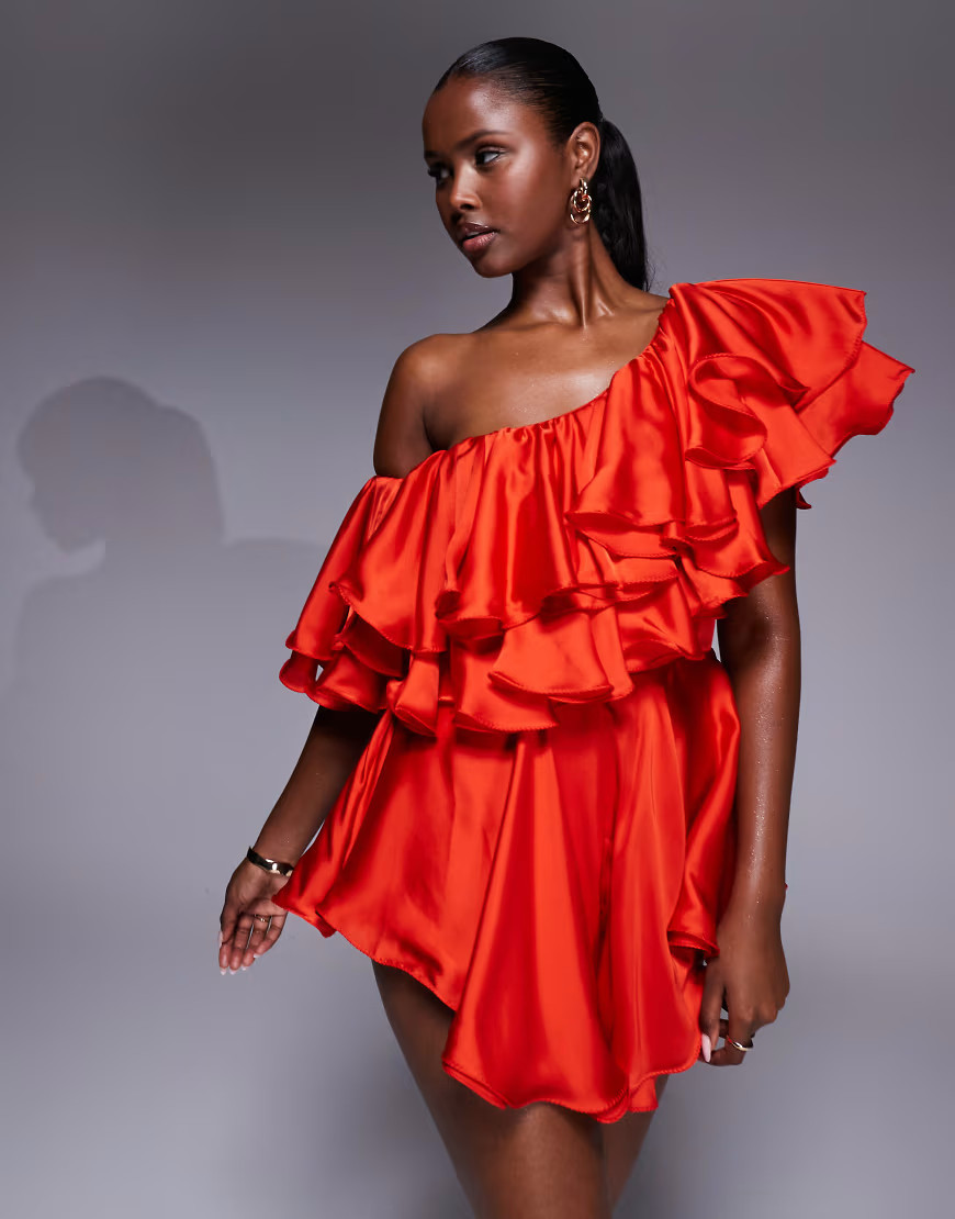The Dolls House Circa Liliana asymmetric ruffle satin romper in red | ASOS (Global)