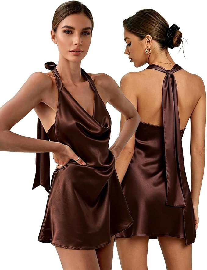 EG CHRIS G Women's Plunge Halter Neck Slip On Backless Satin Mini Dress Sexy Silky Party Club Bod... | Amazon (US)