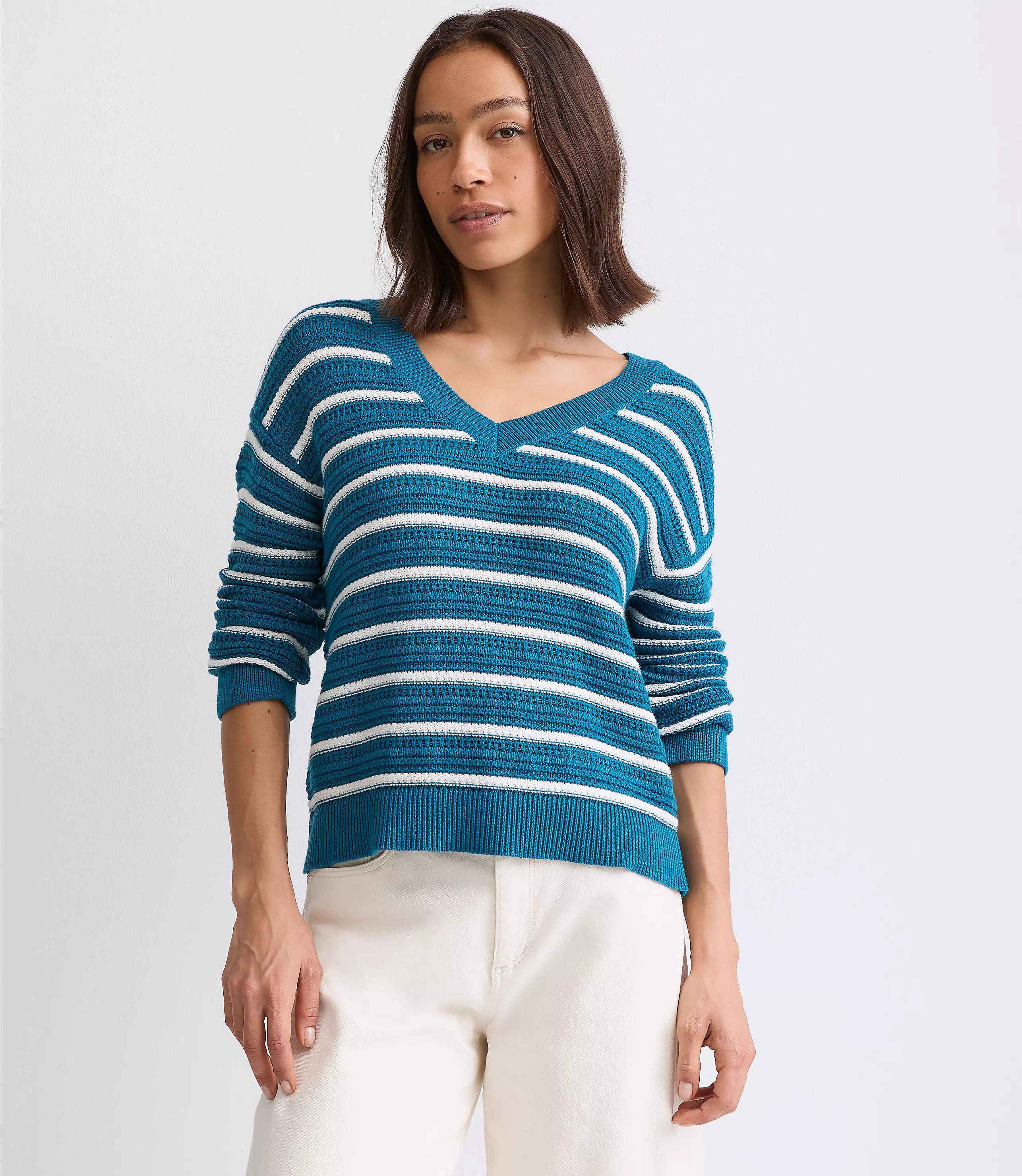 Striped Stitchy V-Neck Sweater | LOFT