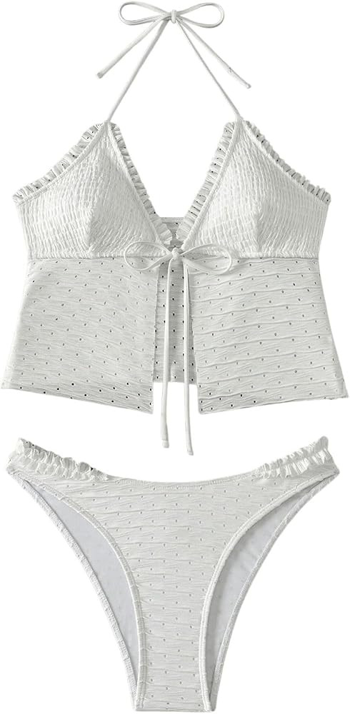 MakeMeChic Women's Tankini Swimsuits Frill Trim Tie Front Halter High Cut Cheeky Swimsuit Bathing... | Amazon (US)