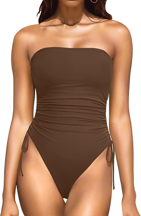 Yonique Women Strapless One Piece Swimsuit Tummy Control Bandeau Bathing Suit Cheeky Swimwear | Amazon (US)