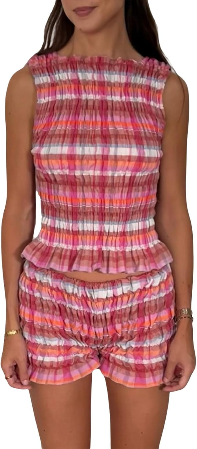 Women 2pcs Smocked Ruffle Shorts Pajamas Set Sleeveless Round Neck Plaid Print Crop Top Elastic W... | Amazon (US)