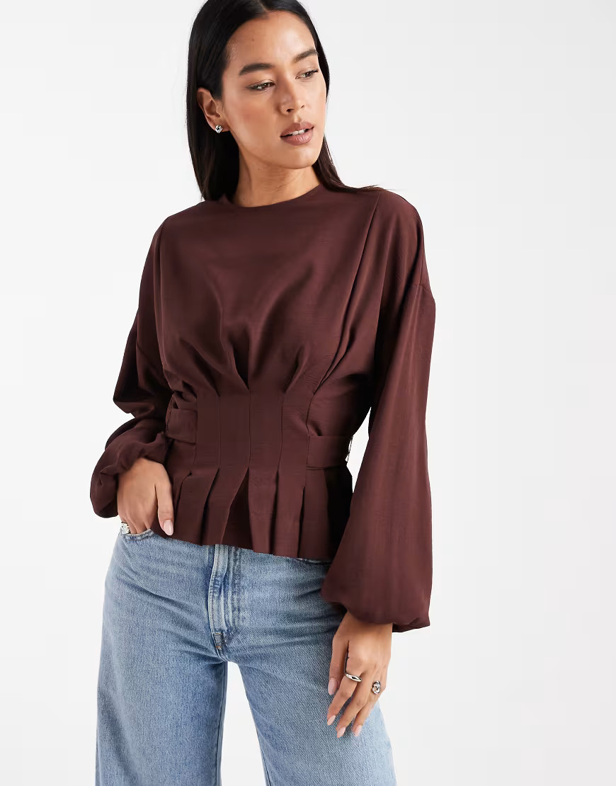 ASOS DESIGN cinched waist blouse with tie back in chocolate-Brown | ASOS (Global)