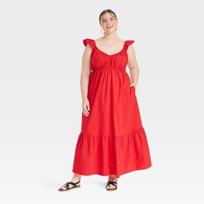 Women's Flutter Cap Sleeve Maxi A-Line Dress - Universal Thread™ Red 2X | Target