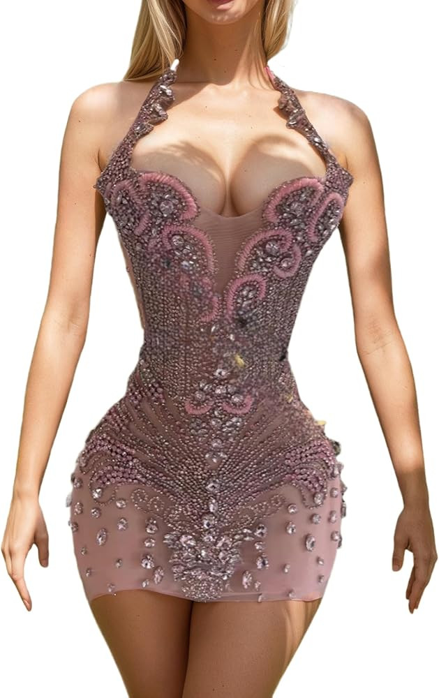 Luxury Sexy Fashion Dress Women Night Club Black Color Birthday Prom Sparkly Rhinestone Beaded Ap... | Amazon (US)