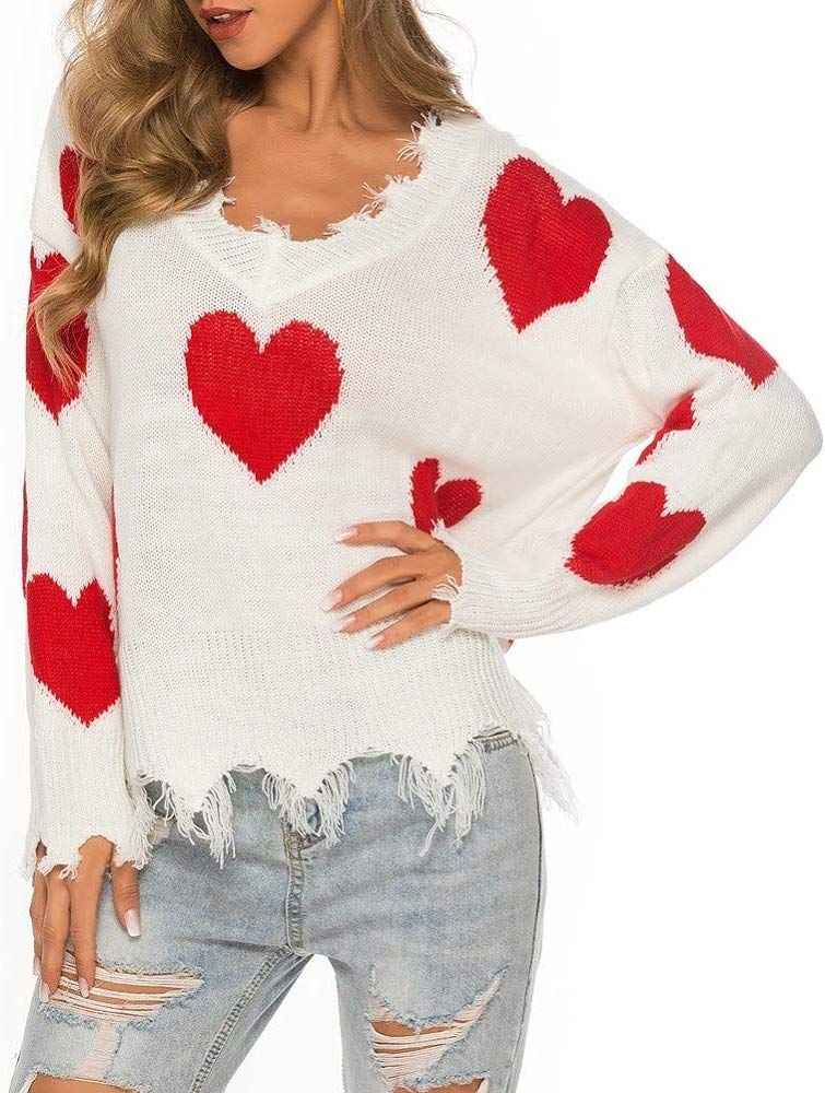 Womens Heart Print Lightweight Distressed Sweater Cropped Knit Sweaters V-Neck Tops Ripped Pullov... | Amazon (US)