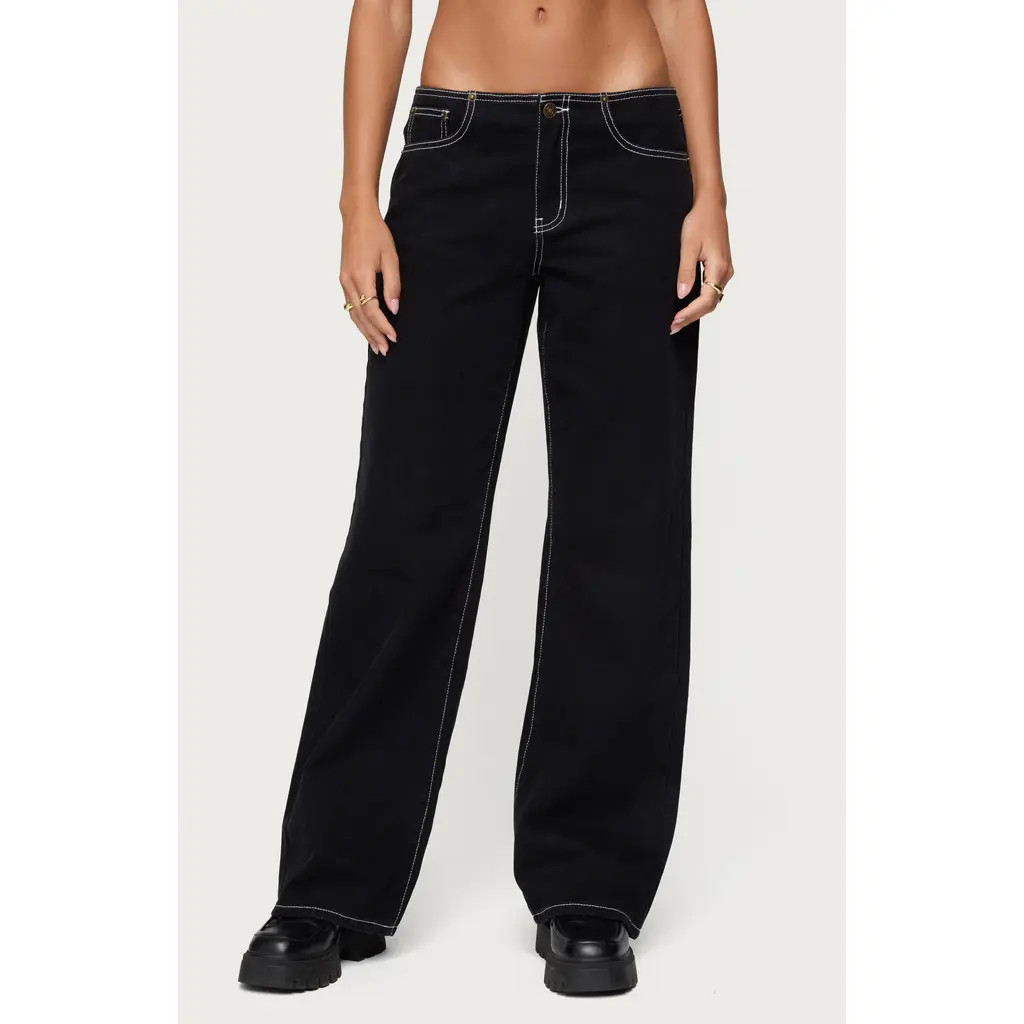 EDIKTED Contrast Stitch Low Rise Wide Leg Jeans in Black at Nordstrom, Size Small | Nordstrom