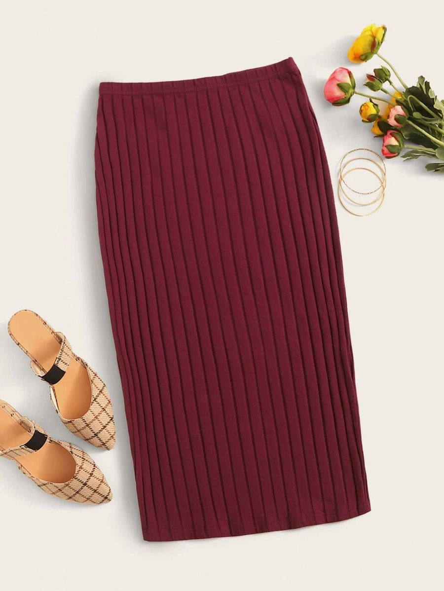 SHEIN Elastic Waist Rib-knit Pencil Skirt | SHEIN