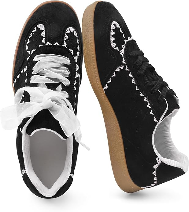 Women's Lace Detail Lace-Up Casual Sneakers - Elegant Ribbon Ribbon Lace Walking Shoes Non-Slip S... | Amazon (US)