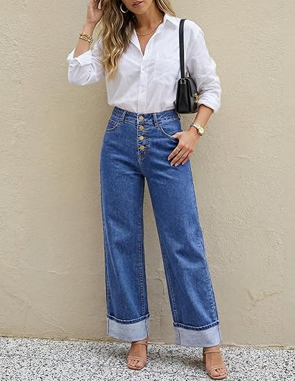 MEROKEETY Wide Leg Jeans Women 2026 Baggy Trendy Mid Rise Button Fly Straight Leg Turned-up Hem D... | Amazon (US)