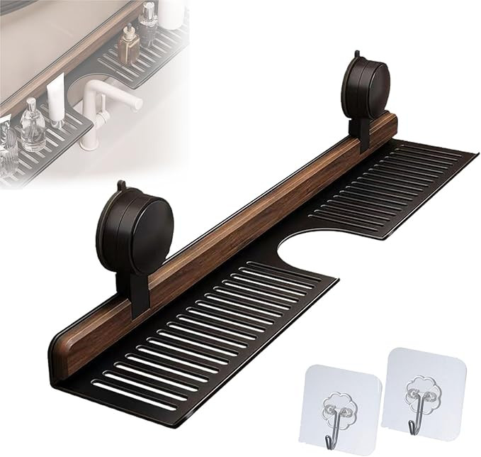 Walnut Suction Cup Bathroom Shelf, Wall Mounted Sink Over Faucet, no-Drill Bathroom Organizer for... | Amazon (US)