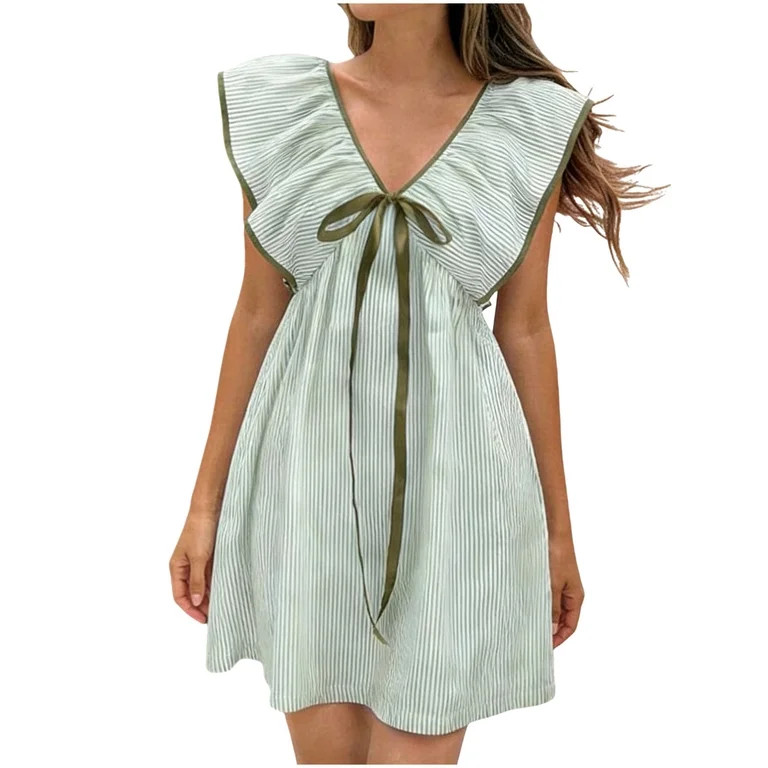 Mifsaly Summer Dresses for Women 2026 Deep V-Neck Ruffled Sleeve Striped Mini Dress Tie Front Goi... | Walmart (US)