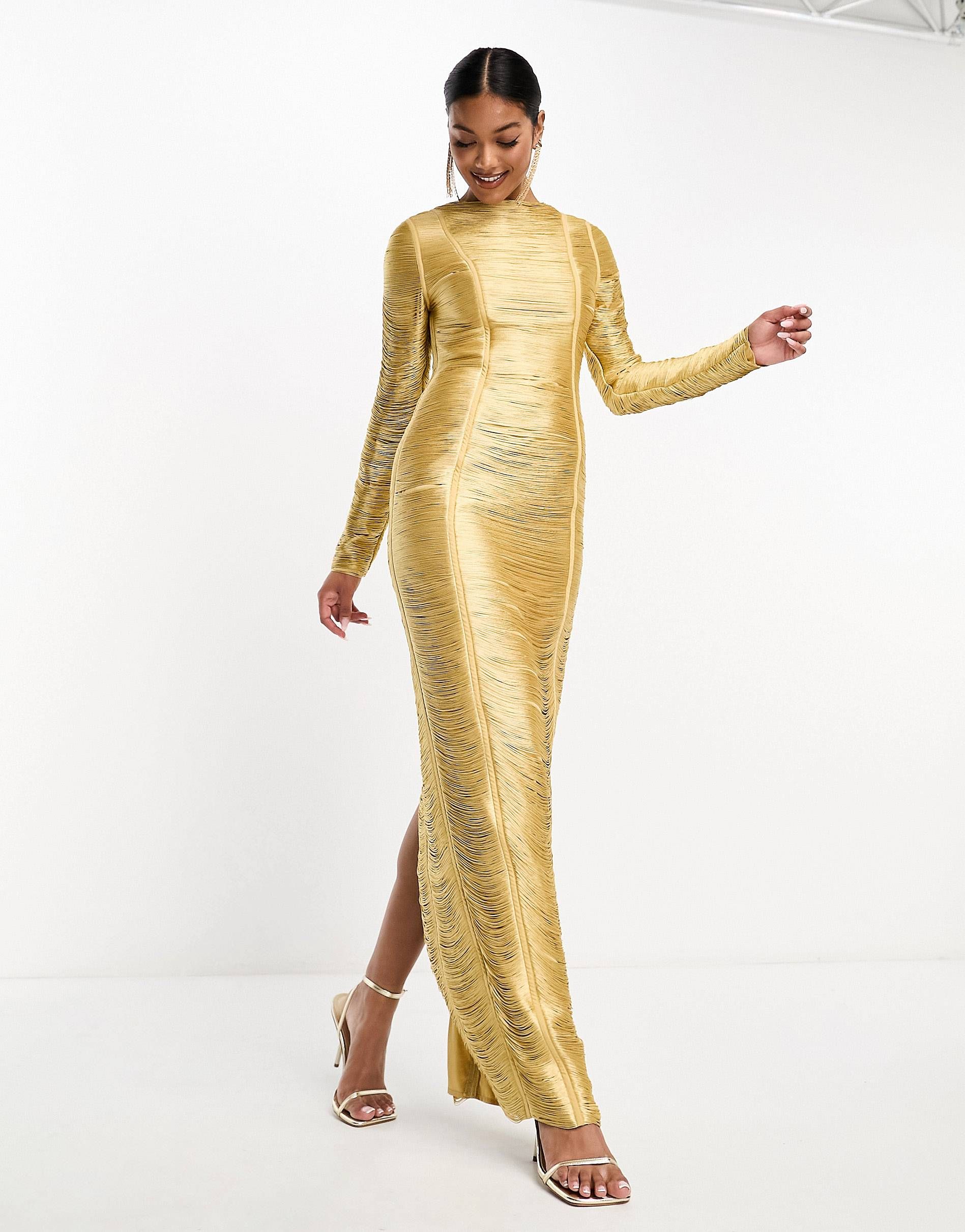 ASOS DESIGN fringe long sleeve maxi dress in gold | ASOS (Global)