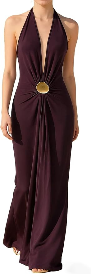 OYOANGLE Women's Deep V Neck Halter Maxi Dress Sexy Summer Backless Wedding Guest Vacation Beach ... | Amazon (US)