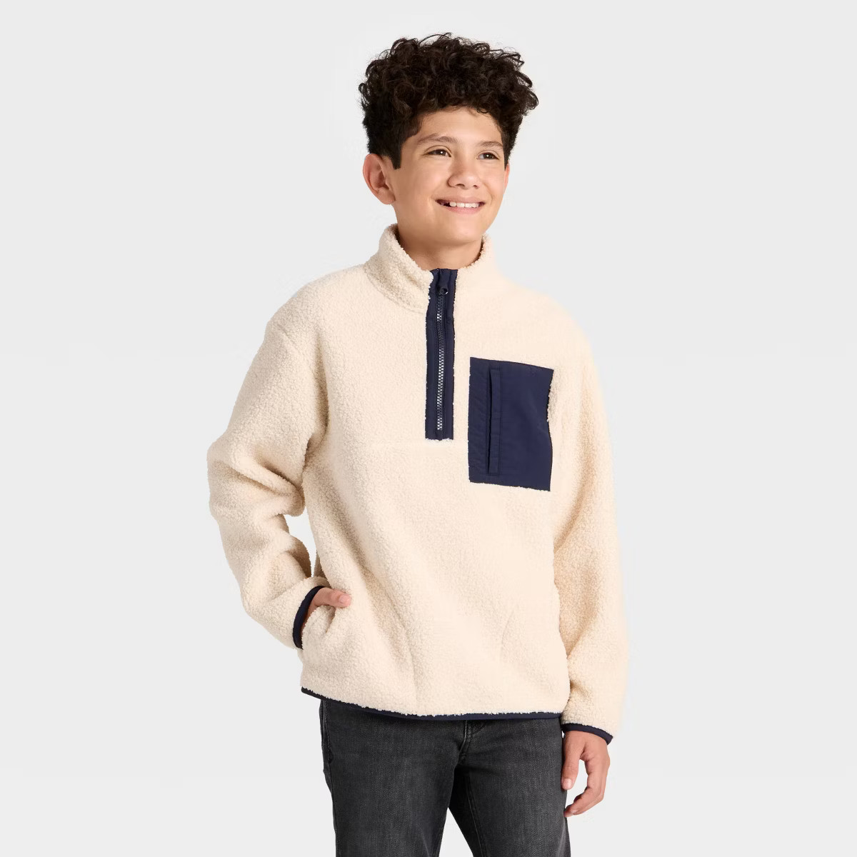 Boys' Faux Shearling Quarter Zip Jacket - Cat & Jack™ Cream | Target