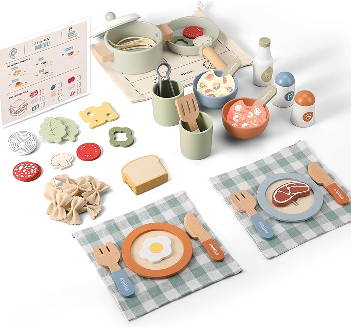 Wooden Play Cooking Set, Pretend Play Kitchen Accessories Toys Set for Kids Toddlers, Including P... | Amazon (US)
