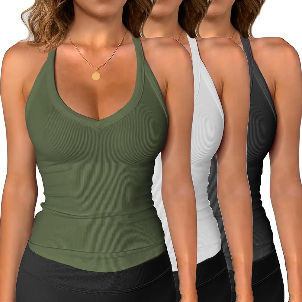 iGENJUN 3 Pack Workout Tops for Women Racerback Basic Tank Summer 2025 Camisole V Neck Slim Fit R... | Amazon (US)