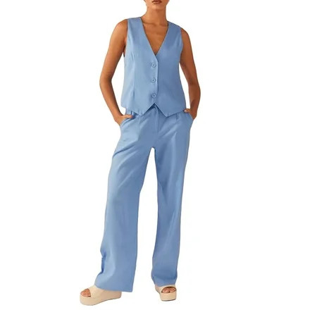 Women Sleeveless Blazer Vest V Neck Button Down Solid Color Vest Lightweight Casual Cropped Blazer J | Walmart (US)