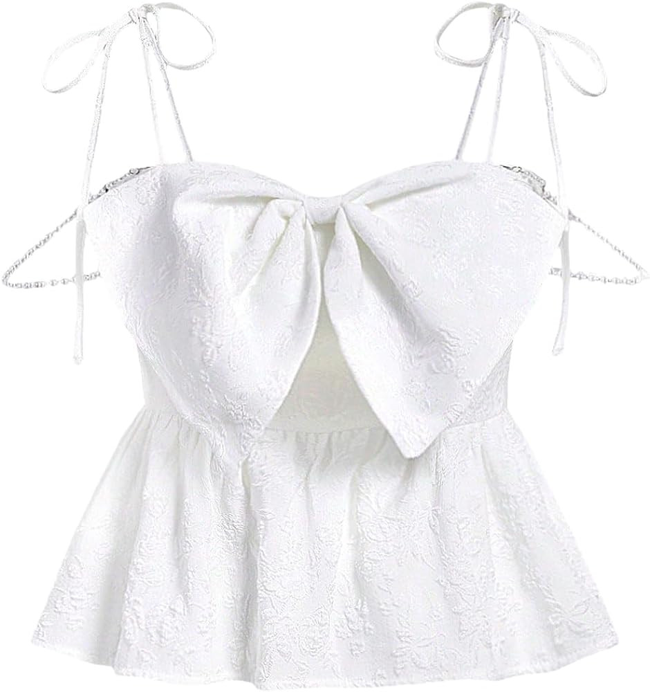 Women's Y2K Bow-Knot Spaghetti Strap Back Shirred Cami Top Casual Ruffle Hem Bowknot Sleeveless T... | Amazon (US)