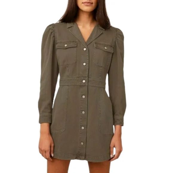 Rails Lisette Denim Twill Mini Dress Button Up Puff Sleeve Moss XS | Poshmark