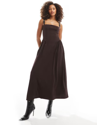 ASOS DESIGN seam detail midi dress with buckle straps in chocolate | ASOS (Global)