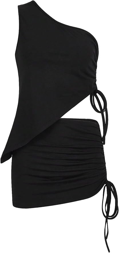 Verdusa Women's 2 Piece Outfit Ruched One Shoulder Asymmetrical Hem Top and Bodycon Skirt Set | Amazon (US)