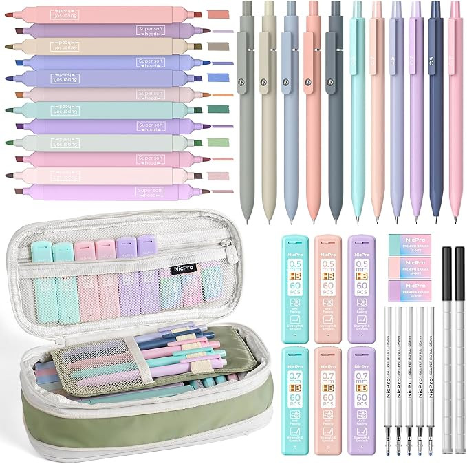 Nicpro 39 PCS Aesthetic School Supplies with Cute Pencil Case, 12 Color Pastel Highlighters, 5 Qu... | Amazon (US)