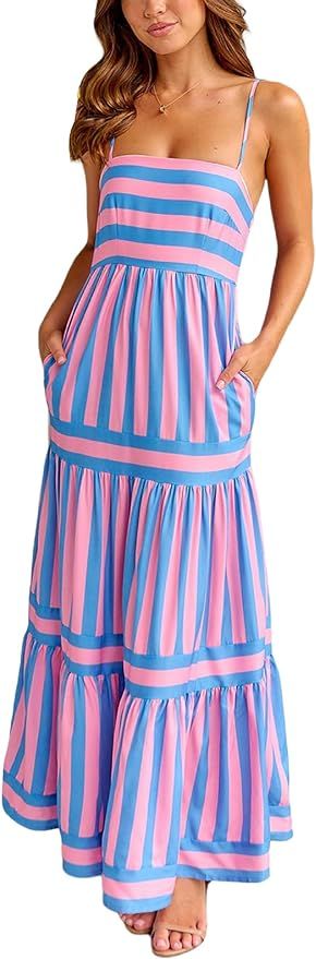 KMBANGI Women Striped Sleeveless Maxi Dress Swing Cutout Midi Dress Backless Smocked Spaghetti St... | Amazon (US)