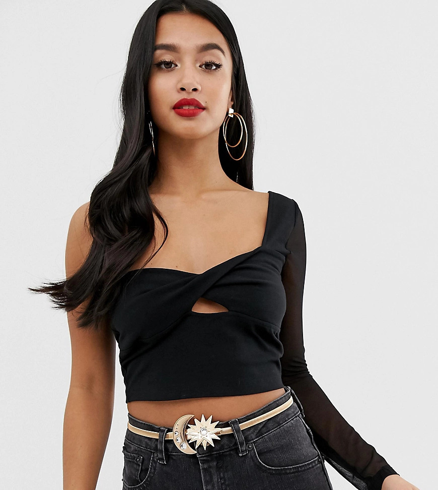 ASOS DESIGN Petite one shoulder long sleeve top with twist front-Black | ASOS (Global)