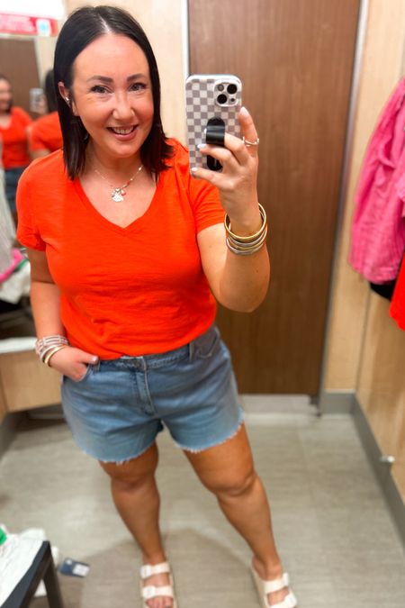 New bright colors in one of my favorite Target tees!  Wearing an xl in the orange! Prefer an xxl for a bit more room. Love this one though!

Size 17 shorts. Need a size 16. Sandals run tts  

#LTKFindsUnder50 #LTKMidsize #LTKSeasonal