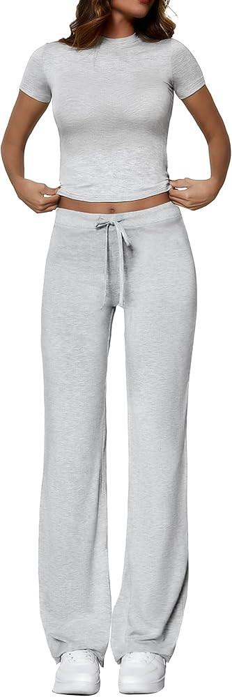 Two Piece Lounge Sets for Women Fold Over Flare Pants Short Sleeve Crop Top Y2k Outfits Matching ... | Amazon (US)