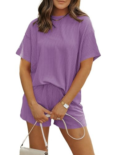 MARZXIN Women's 2 Piece Outfits Summer Tracksuit Ribbed Textured Knit Loose Lounge Shorts Set Short Sleeve Matching Sets Purple 2XL | Amazon (US)