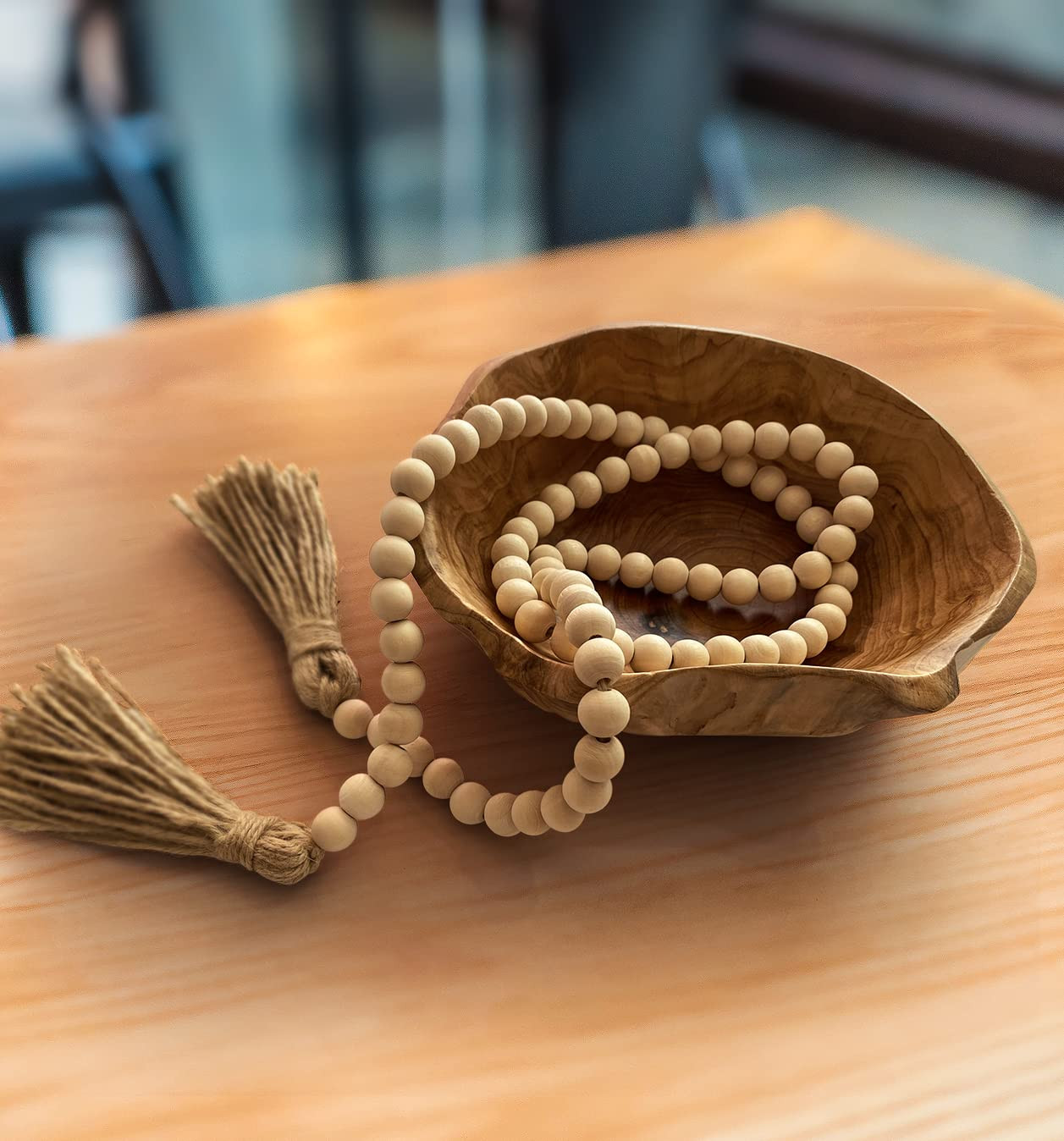 Wooden Bowl , Handmade Wooden Bowls with Wood Bead Garland , Natural Wood Bowl , Fruit Bowl , Key Bo | Amazon (US)