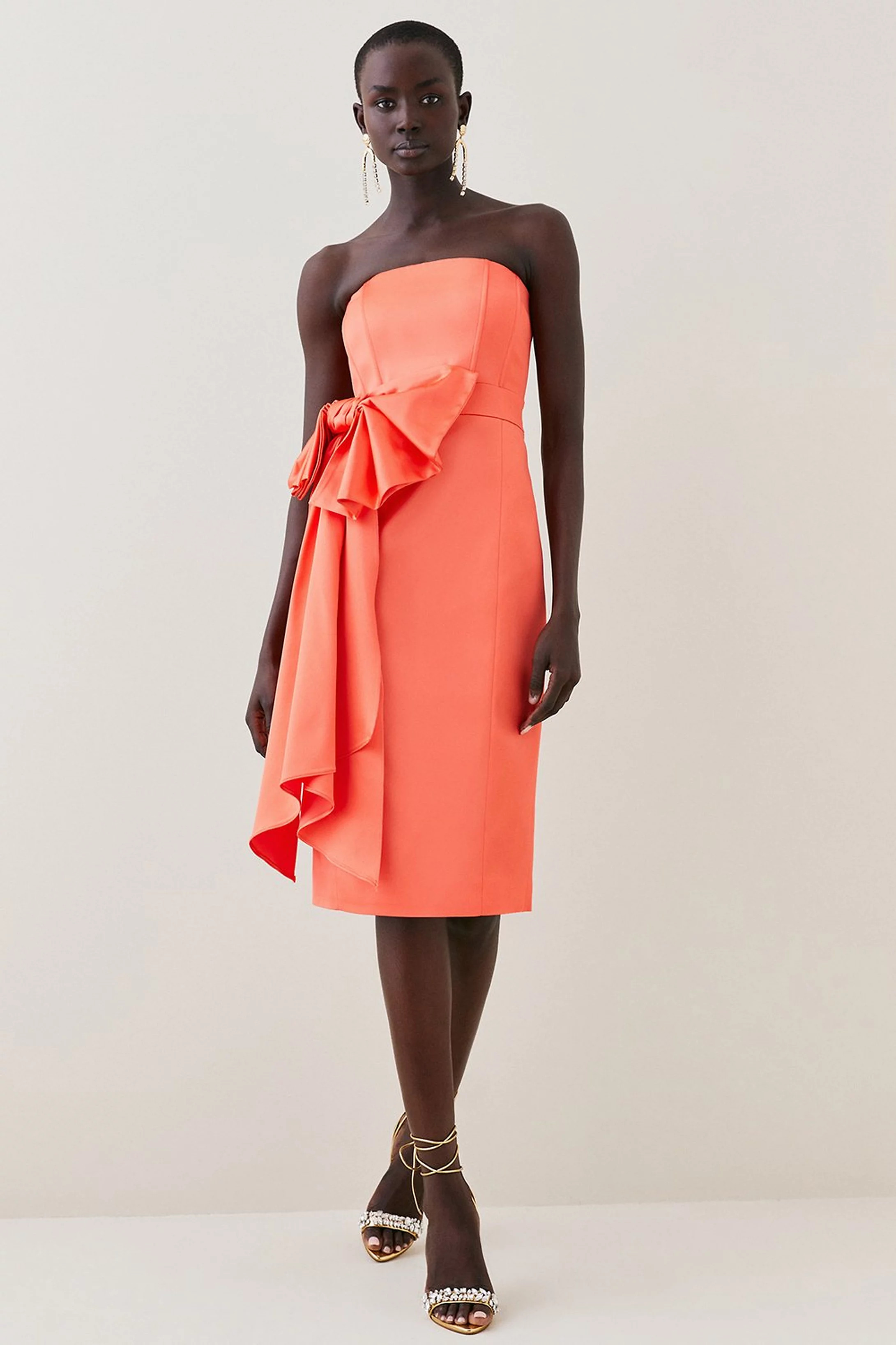 Italian Structured Satin Bandeau Bow Detail Pencil Midi Dress | Karen Millen US