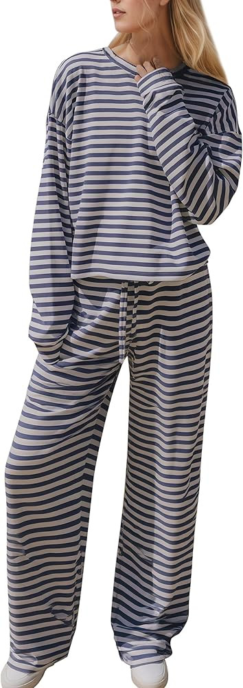 Ythomm Striped Pajamas Womens 2 Piece Sets Long Sleeve Tee Shirts Drawstring Wide Leg Pants Match... | Amazon (US)