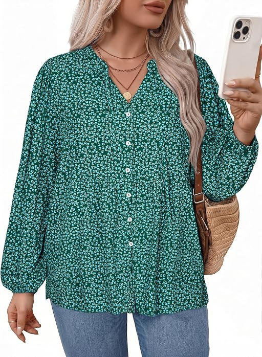 Eytino Plus Size Tops for Women Boho Button Down Long Sleeve Shirts | Amazon (US)