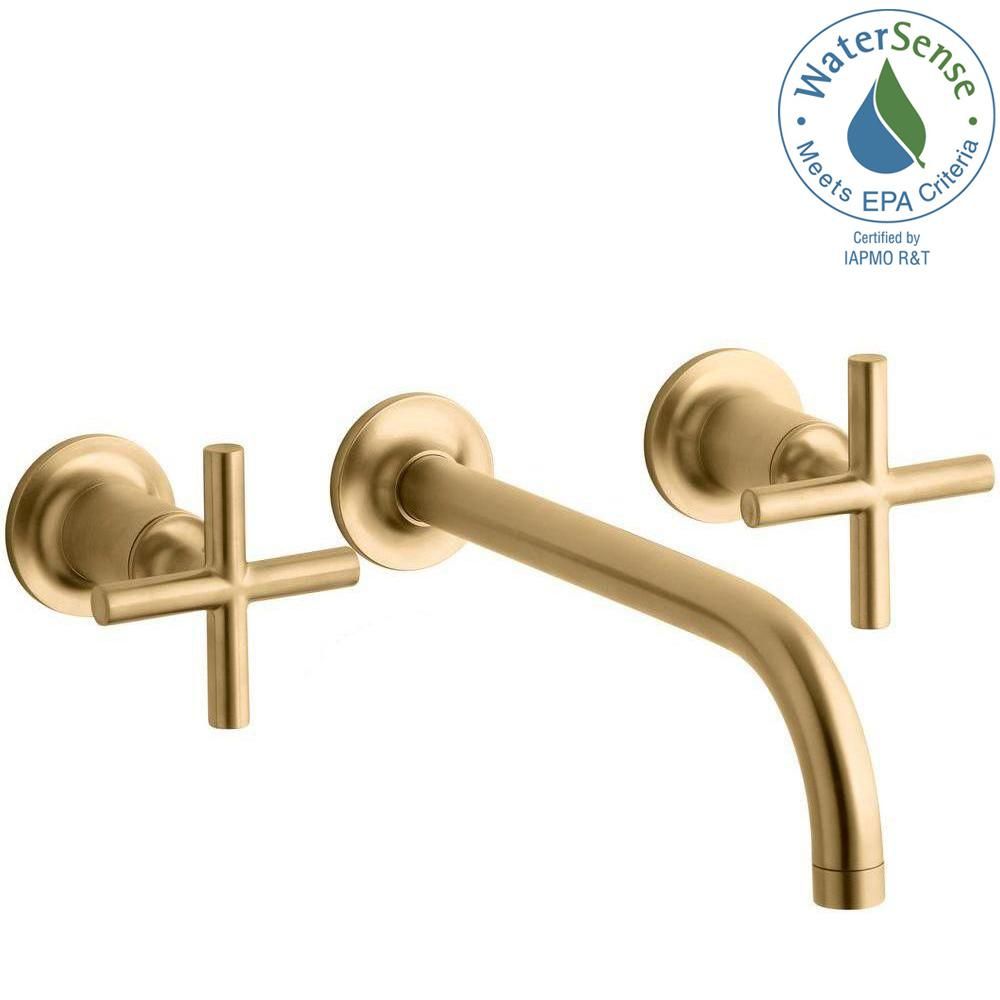 KOHLER Purist Cross Handle 2-Handle Wall Mount Bathroom Sink Faucet Trim Kit in Vibrant Brushed Gold | The Home Depot
