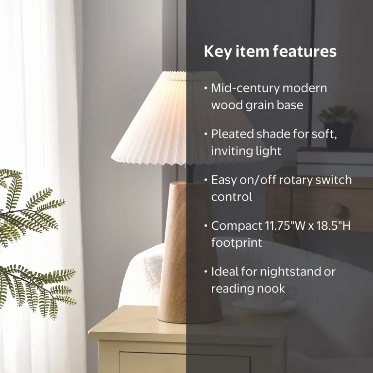 Better Homes & Gardens Wood Grain Finish Table Lamp with Pleated Shade | Walmart (US)