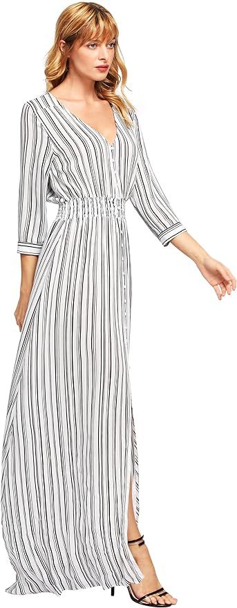 Milumia Women's Stripe Button Up V Neck Half Sleeve Split Party Maxi Dress | Amazon (US)