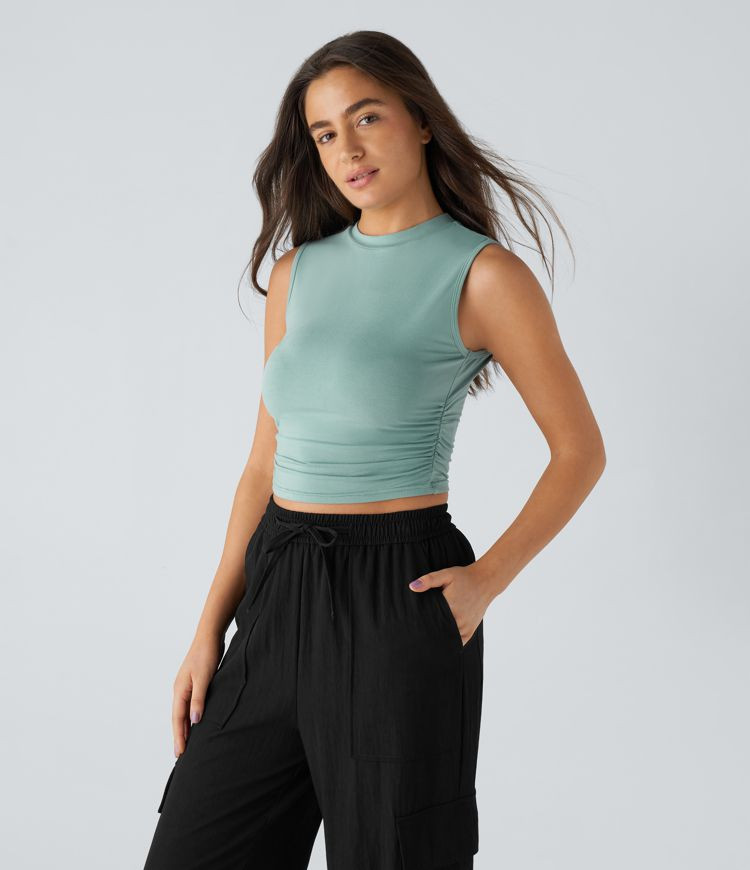 Women’s Round Neck Ruched Skinny Cropped Casual Tank Top - Halara | HALARA